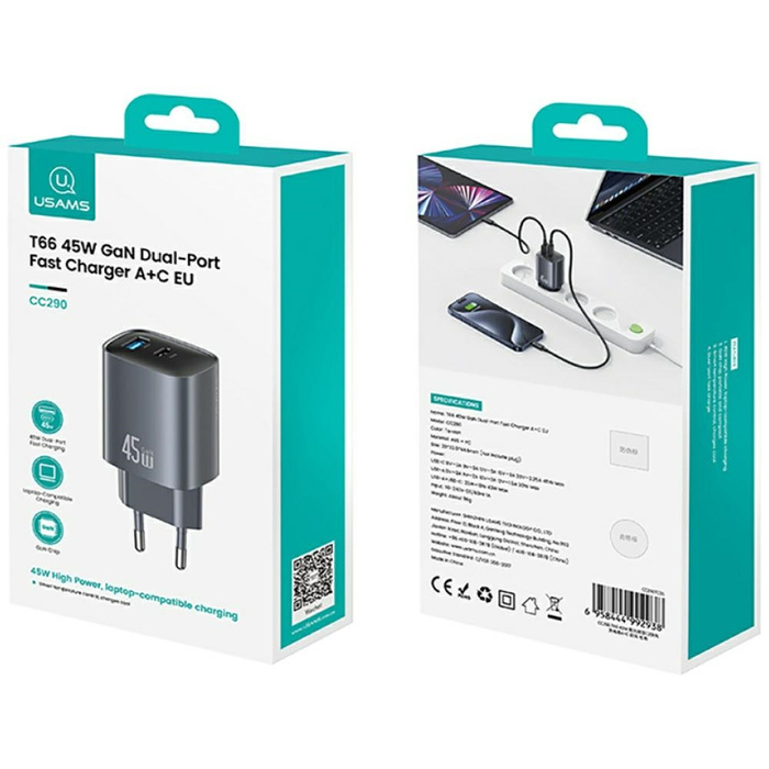 Ładowarka Sieciowa USAMS CC290 T66 45W GaN 1xUSB-A 1xUSB-C Srebrna