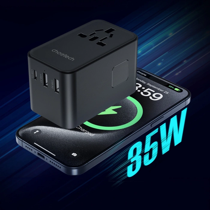 Choetech PD5020 35W EU / US / AUS / UK travel adapter with built-in cable USB-C - black