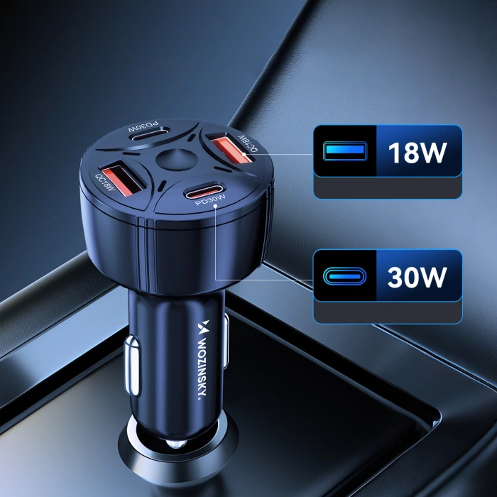 Ładowarka samochodowa Wozinsky WLS-04 60W 2xUSB-C 2xUSB-A - czarna