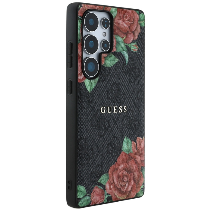 Etui Guess Leather 4G Flowers Print       Metal Classic Logo MagSafe Samsung Galaxy S25 Ultra czarny
