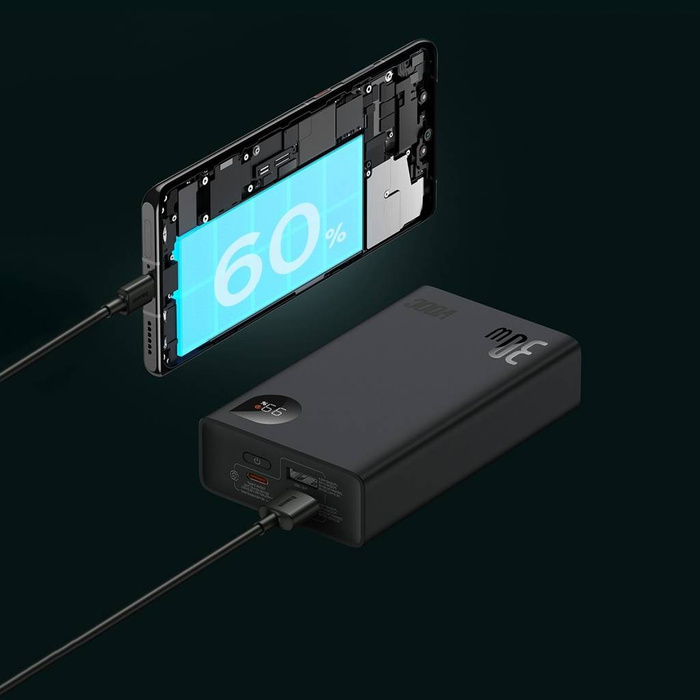 Baseus Adaman2 Powerbank mit bildschirmem digital 20000mAh 30W 2 x USB / 1x USB Typ C Power Delivery Quick Charge SCP, Oppo Super VOOC schwarz (PPAD050101)