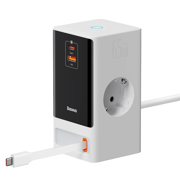 Baseus PowerCombo Ladestation 65W 1,5m 2 x EU + USB-A + USB-C + einziehbares USB-C-Kabel - Weiß