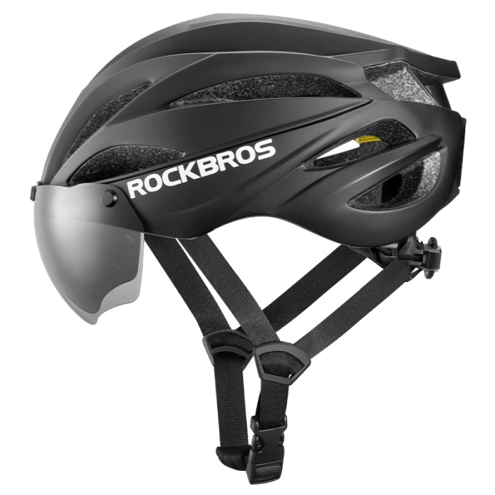 Rockbros Bike Helmet with Visor, Detachable UV Protective Goggles, Unisex - Black