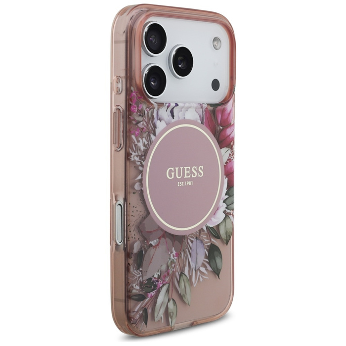 Etui Guess IML Flowers Pearl Strap       MagSafe do iPhone 17 Pro różowy
