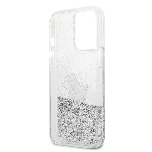 Pouzdro KARL LAGERFELD Apple iPhone 13 Pro Liquid Glitter Choupette Fun Silver Hardcase