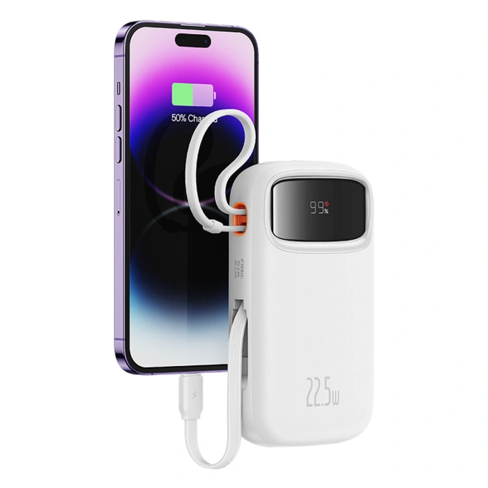 Powerbank Baseus Qpow2 20000mAh 22,5W z podwójnym kablem z wyświetlaczem cyfrowym + kabel Baseus Simple USB-C 3A 0,3m (biały) - biały