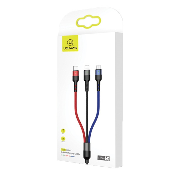Câble Tresse USAMS 3in1 Lightning MicroUSB USB-C 2A Fast Charge 0.35m Noir