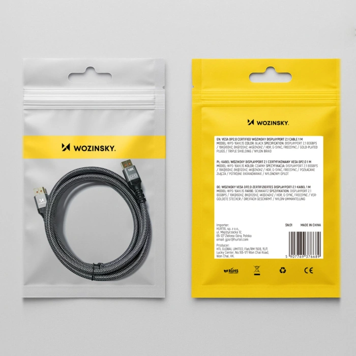 Kabel Wozinsky WPS-16AYL3S DisplayPort 2.1 Certyfikowany VESA 80 Gb/s 16K@60Hz 8K@120Hz 4K@240Hz HDR HDCP DSC 3m - czarny