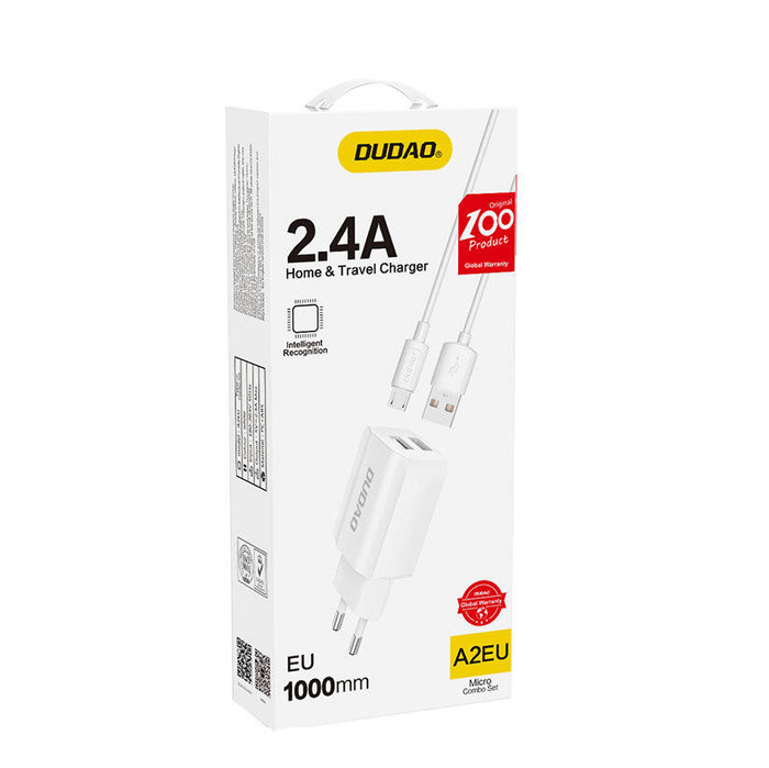 Dudao nabíječka EU 2x USB 5V/2,4A + kabel micro USB bílá (A2EU + Micro bílá)