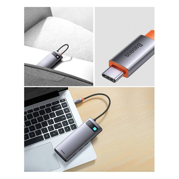 Baseus Metal Gleam Series 6 in 1 HUB Docking Station USB tipo C - 3 x USB 3.2 Gen.1 / 1 x Power Delivery / 1 x lettore di schede SD / 1 x lettore di schede TF grigio (WKWG030213)