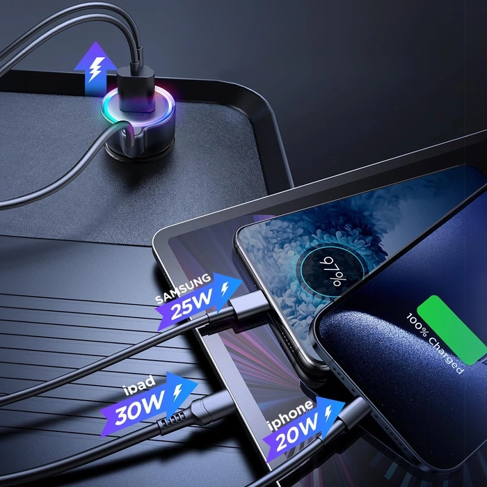 [APRÈS RETOUR] Joyroom Chargeur de voiture rapide 3 en 1 avec câble USB Type C 1,6 m 60 W noir (JR-CL07)