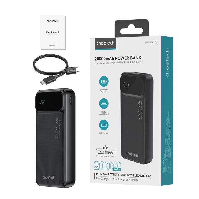 Choetech B729 Powerbank 20000 mAh 22,5 W PD USB-A / USB-C – schwarz