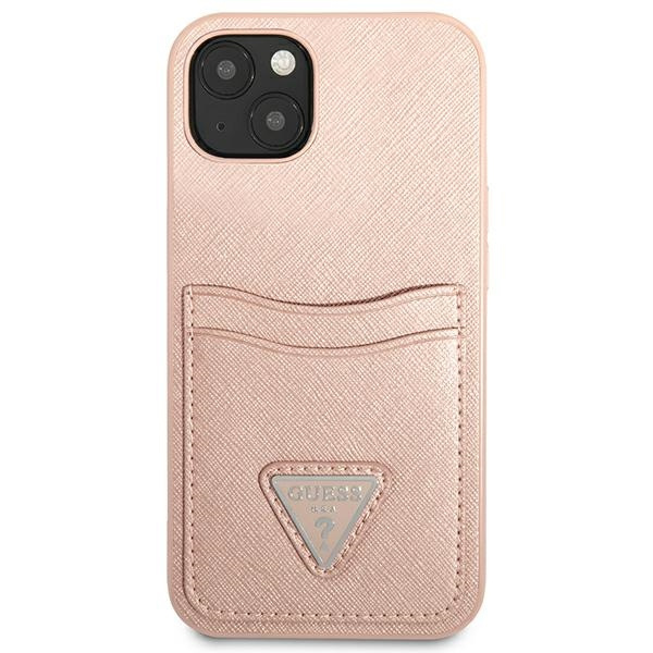 Hülle GUESS Apple iPhone 13 Saffiano Dreieck Logo Kartenslot Rosa Hartcase
