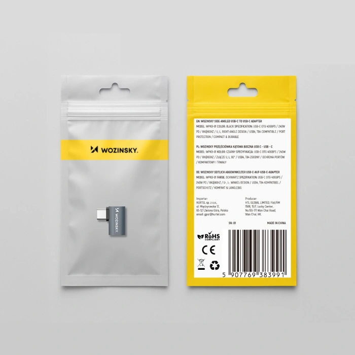 Przejściówka kątowa boczna Wozinsky WPKB-01 USB-C - USB-C 40Gb/s 240W 8K OTG - szara