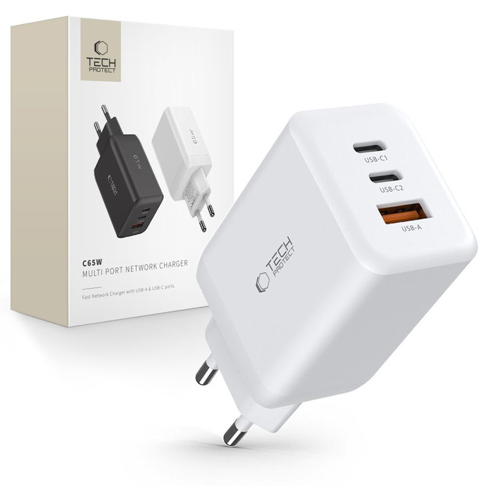 TECH-PROTECT C65W 3PORTOVÁ SÍŤOVÁ NABÍJEČKA PD65W/QC3.0 BÍLÁ