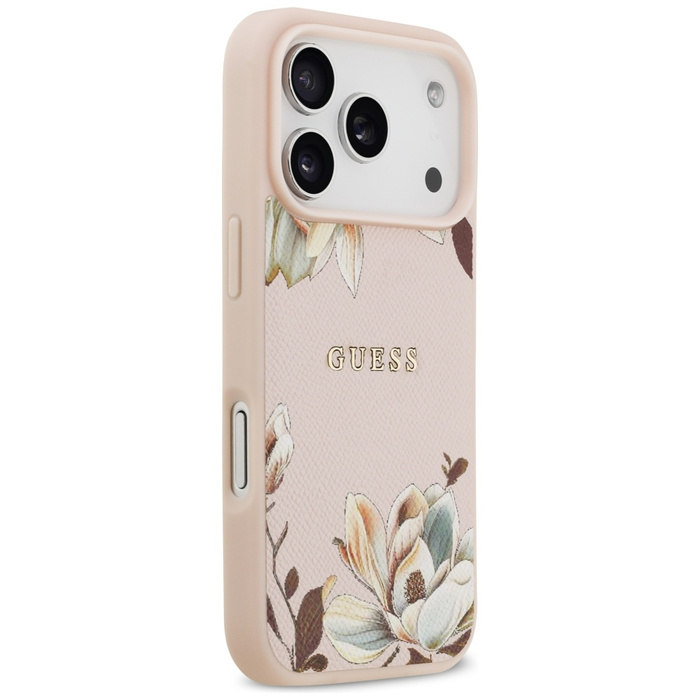 Etui Guess Grained Flowers Classic Logo  MagSafe do iPhone 17 Pro Max różowy