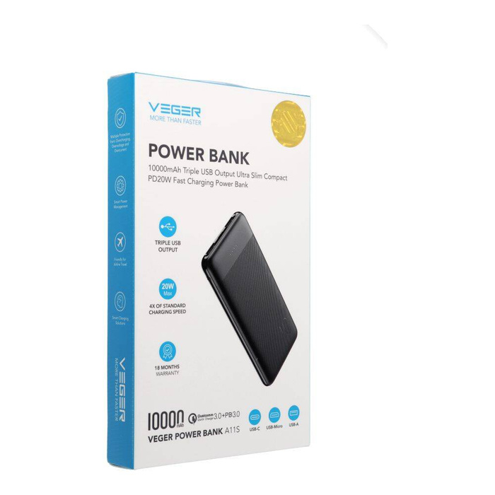 Powerbank Veger A11S (W1133) PD QC3.0 2A 20W 10000 mAh czarny