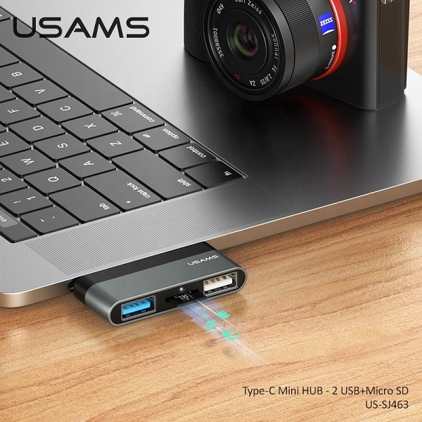 USAMS USB-C Mini HUB 2xUSB Micro SD adapter SJ463HUB01 US-SJ463 Gray