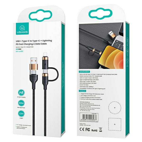 USAMS Cable braided U62 2xUSB-C/USB-A /lightning 1.2m PD Fast Charge black/black SJ483USB01 (US-SJ483)