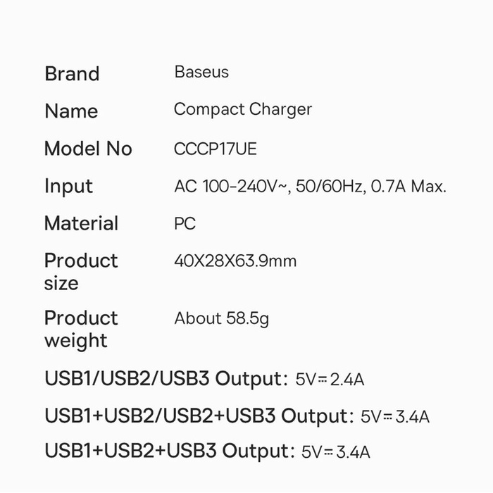 Baseus Compact  Charger 3U 17W EU White
