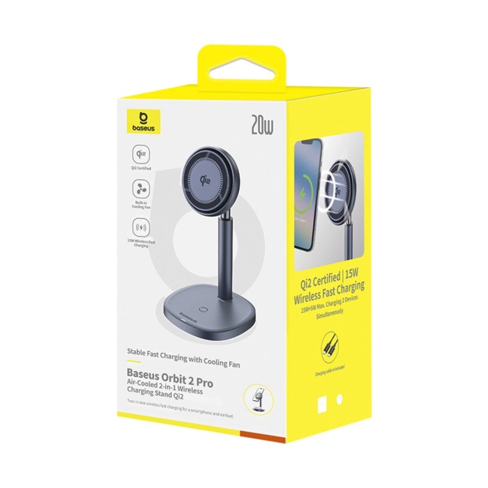 Baseus Orbit 2 Pro MagSafe Qi2 20W 2 in 1 Induktives Ladegerät mit Kühlung - Grau