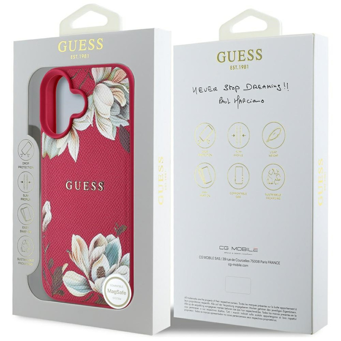 Etui Guess Grained Printed Flower         Pattern MagSafe do iPhone 16 fuksja