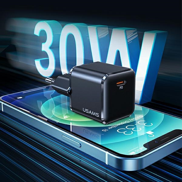 Carga de la red USAMS. 1xUSB-C T45 mini 30W (sólo cabezal) PD3.0 de carga rápida negro/negro CC148TC01 (US-CC148)