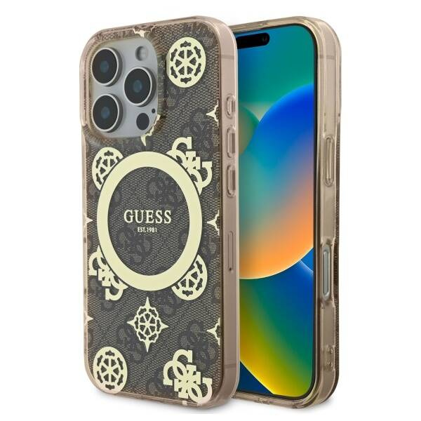 Etui Guess iPhone 16 Pro 6.3" brązowy/brown hardcase IML Peony On 4G Background MagSafe