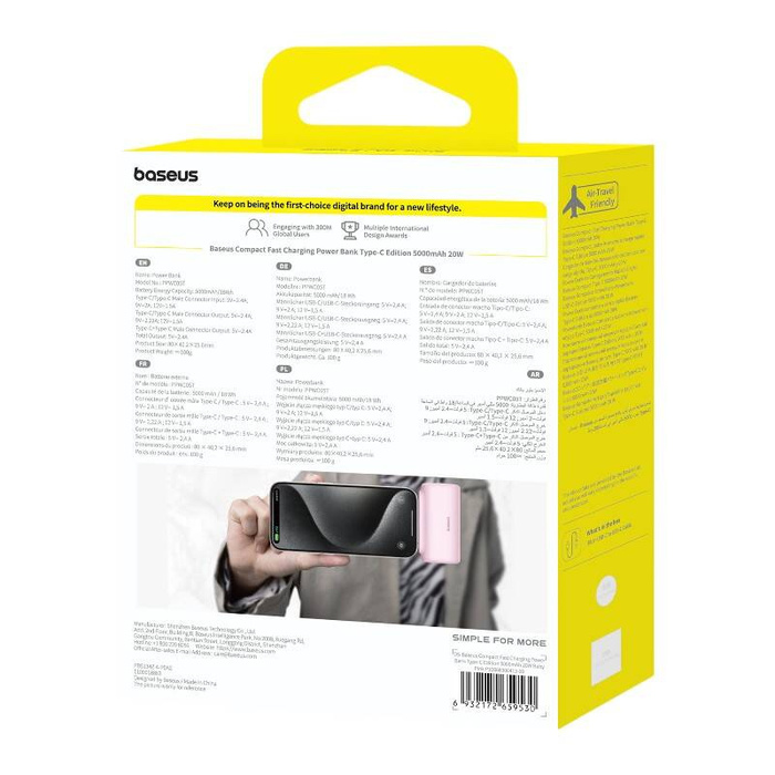 Powerbank Baseus Compact USB-C 5000mAh, 20W (różowy)
