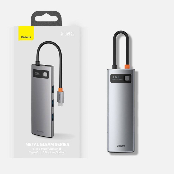 Baseus Metal Gleam 8ing1 multifunktionaler HUB USB Typ C - USB Typ C Power Delivery 100 W / HDMI 4K 30 Hz / SD und microSD Kartenleser / 3x USB 3.2 Gen 1 / RJ45 1 Gbps (CAHUB-CV0G)