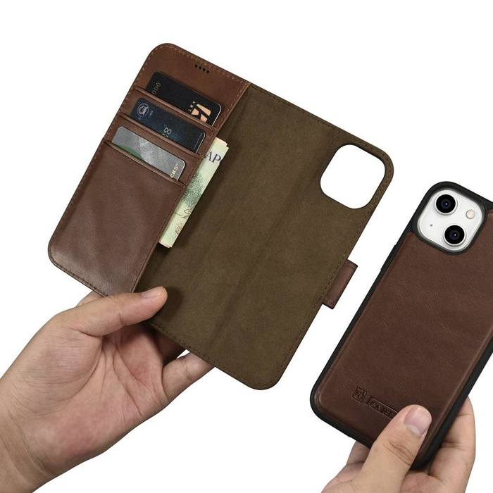iCarer Oil Wax Wallet Case 2in1 case iPhone 14 Flip Leather Cover Anti-RFID marrón (WMI14220721-BN)