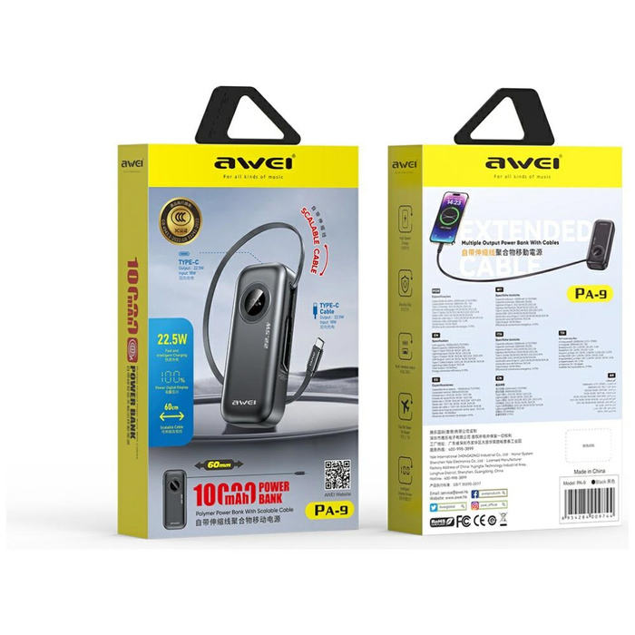 AWEI PowerBank PA-9 10000mAh 22.5W       z wyciąganym kablem czarny/black