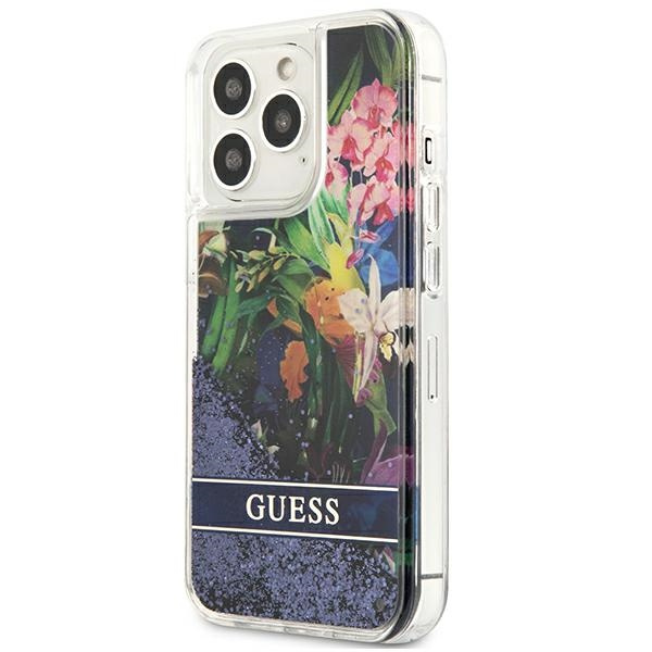 Hülle GUESS Apple iPhone 13 13 Pro Flower Liquid Glitter Blau Hartcase
