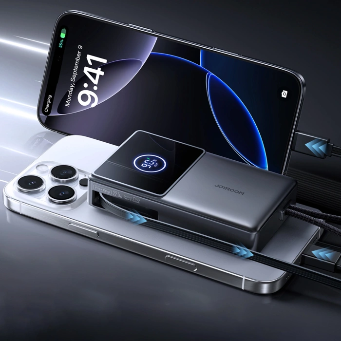 Powerbank Joyroom JR-PR1 10000mAh 22,5W z wbudowanym zwijanym kablem USB-C - czarny