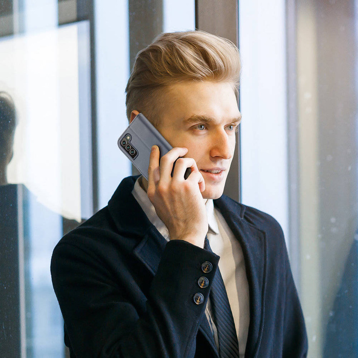 Dux Ducis Hivo Telefontok Flip Cover Valódi bőr pénztárca kártyákhoz és dokumentumokhoz Samsung Galaxy S22 + (S22 Plus) kék