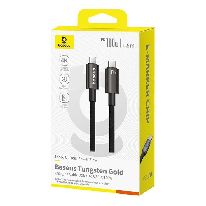 Baseus Tungsten Gold USB-C 3.2 / USB-C 3.2-Kabel 100 W 4K 60 Hz 1,5 m – Schwarz