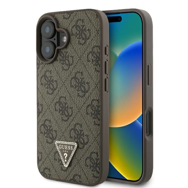 Etui Guess iPhone 16 6.1" brązowy/brown hardcase Leather 4G Triangle Strass MagSafe