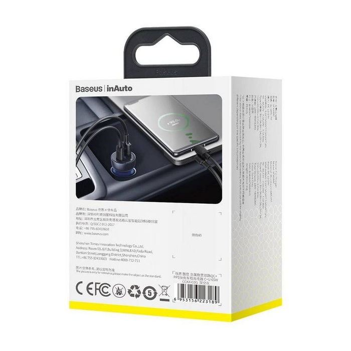Baseus USB / USB caricabatteria per auto Tipo C 65 W 5 A SCP Quick Charge 4.0+ Power Delivery 3.0 Schermo LCD trasparente (CCKX-C0A)