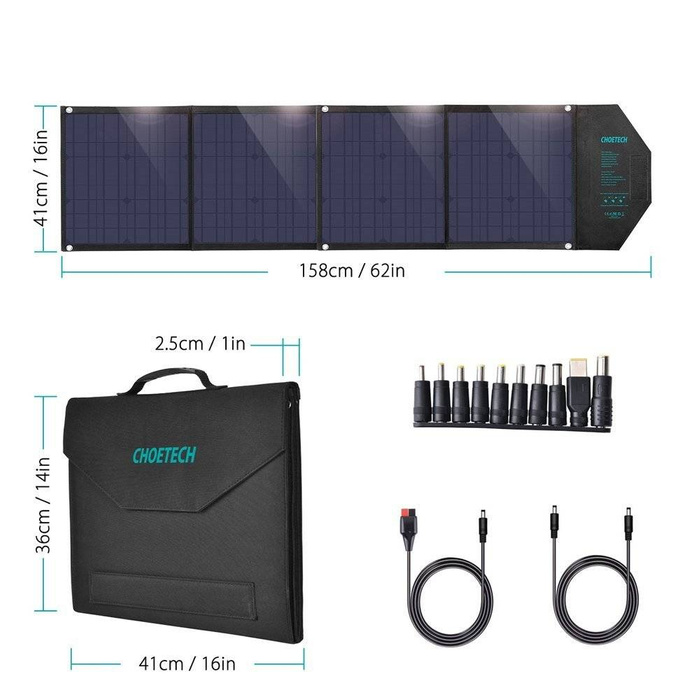 Choetech grande caricatore solare pieghevole 80W solare fotovoltaico USB tipo C (Power Delivery) / 2x USB (ricarica rapida / 2,4A) (158 x 41 cm) nero (SC007)