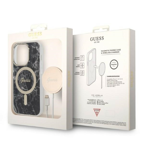 Kit Hülle Guess Case+ Ladegerät iPhone 14 Pro Max 6,7" schwarz/schwarz hart case Marmor MagSafe