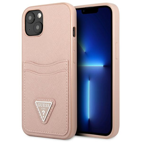 Hülle GUESS Apple iPhone 13 Saffiano Dreieck Logo Kartenslot Rosa Hartcase