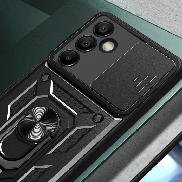 Hybrid Armor Camshield-Hülle mit Kameraabdeckung und Metallring für Samsung Galaxy S24 FE – Schwarz