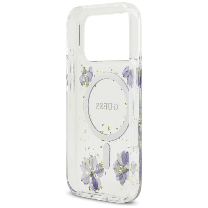 Etui Guess Resin Flowers Glitter MagSafe do iPhone 17 Pro fioletowy