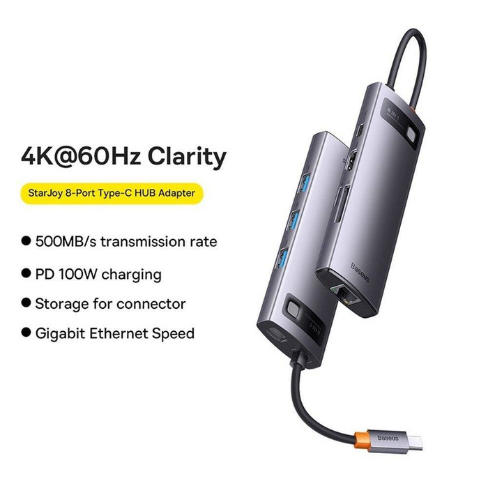 Baseus StarJoy HUB 8portový USB-C - 3x USB-A / 1x HDMI / 1x RJ45 / 1x SD/TF / 1x USB-C PD šedý