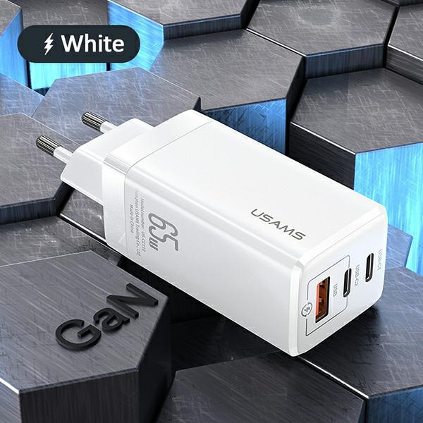 USAMS 2xUSB-C USB-A GaN 65W Wall Charger T33 PD Fast Charging CC110TC02 US-CC110 White
