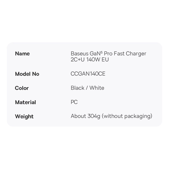 Wall charger Baseus GaN5 Pro 2xUSB-C + USB, 140W (black)