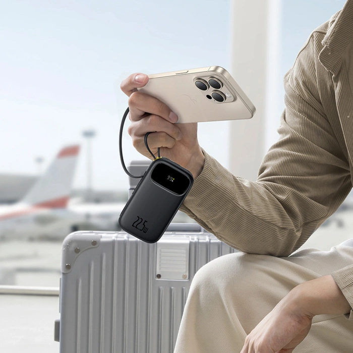 Powerbank Baseus EnerFill FC31 10000mAh 22.5W z wyświetlaczem cyfrowym i 2 wbudowanymi kablami (USB-C + Lightning) - czarny