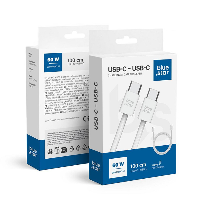 Kabel USB C do USB C Blue Star 6A 60W QC4.0 1 m Q28 biały