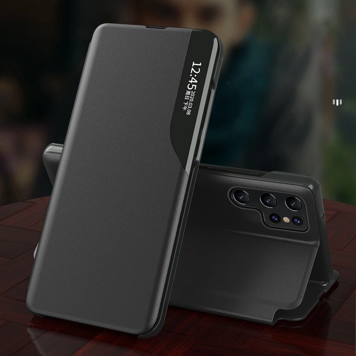 Eco Leather View Case Hülle für Samsung Galaxy S24 FE mit Klappe und Ständer – Schwarz