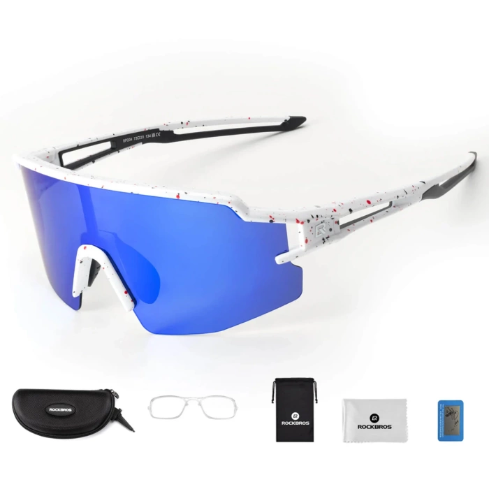 Rockbros Polarisierte Fahrradbrille mit UV-Schutz und Korrektureinsatz, blaue Gläser, Weiß